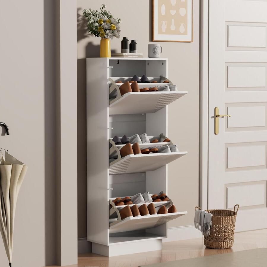 UEV Schoenenkast met 3 kleppen schoenenkast met lijnpatroon schoenenrek met anti-kantelfunctie voor hal entree woonkamer 50 x 24 x 131 cm wit