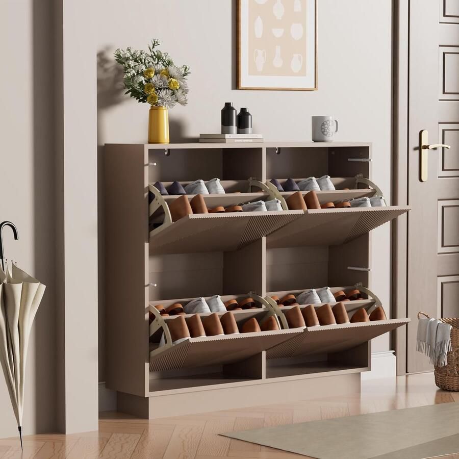 UEV schoenenkast met 4 kleppen schoenenkast met lijnpatroon schoenenrek met anti-kantelfunctie voor hal entree woonkamer 100 x 24 x 91 cm Kasjmier