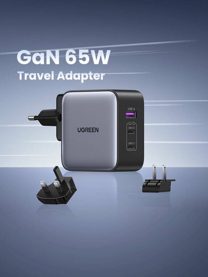 Ugreen Nexode 65W GaN Snellader Reislader US UK EU USB-C oplader USB C Charger 3-poorts PD lader PPS MacBook Pro Air iPhone 14 Pro Max 14 iPhone 13 iPad Pro Galaxy S23 Ultra S23+ S23 S22 Steam Deck