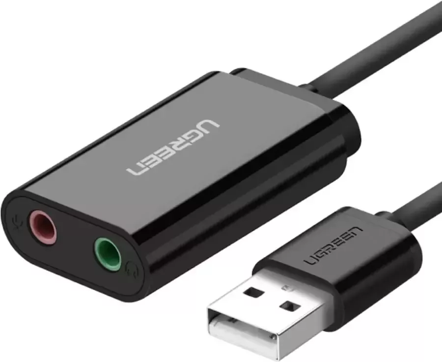 Ugreen USB naar audio-aansluiting geluidskaartadapter met dubbele TRS 3-polige 3 5 mm hoofdtelefoon en microfoon USB naar aux 3 5 mm externe audio-omzetter voor Windows Mac Linux pc-laptops desktops PS5-headsets zwart 30724