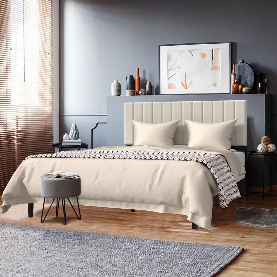 UISBERT Bedframe Met Fluwelen Hoofdeinde Beige 160×200 cm Gestoffeerd Bedframe Met Knopenlook Platformbed Met Houten Lattenbodem Tweepersoonsbed Voor Volwassenen In Een Modern Design