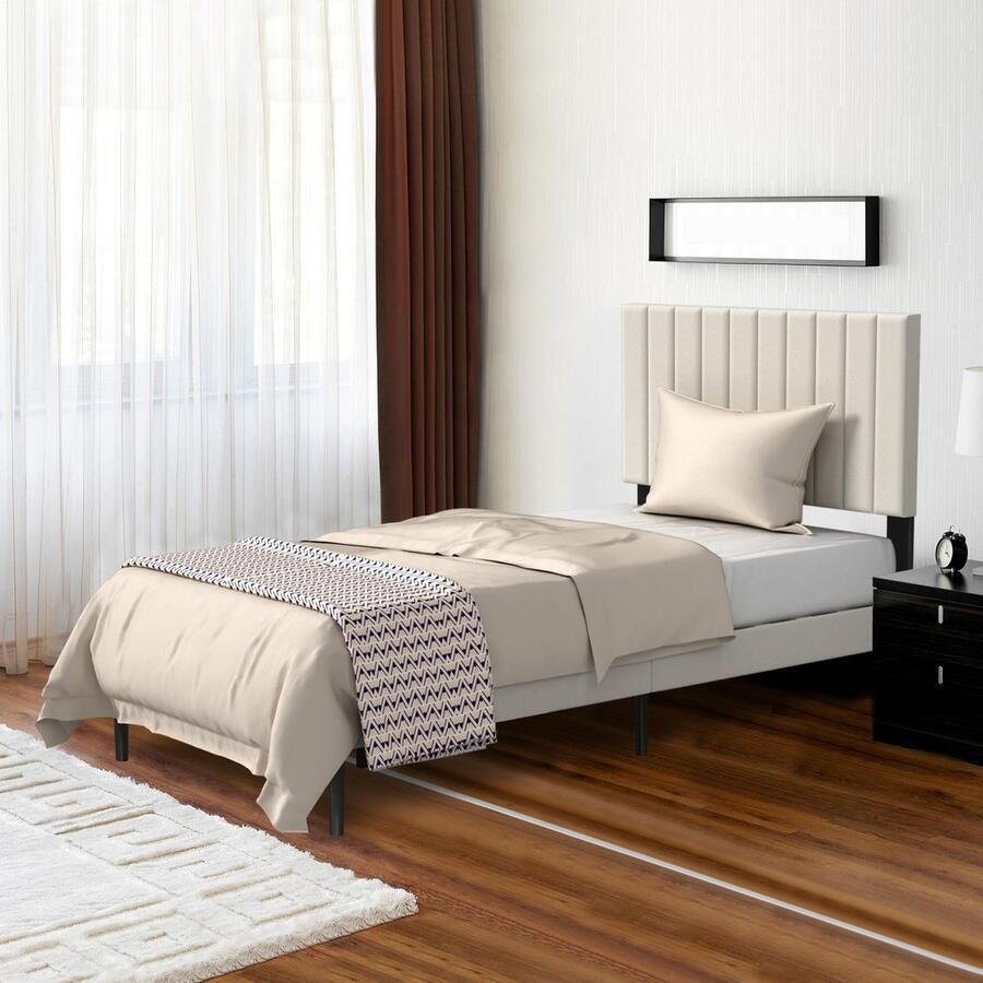 UISBERT Bedframe Met Fluwelen Hoofdeinde Beige 90×200 cm Gestoffeerd Bedframe Met Knopenlook Platformbed Met Houten Lattenbodem Tweepersoonsbed Voor Volwassenen In Een Modern Design