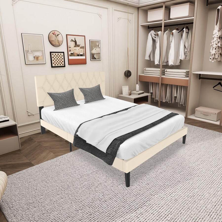 UISBERT Bedframe Met Leren Hoofdeinde Beige 140×200 cm Platformbed Met Houten Lattenbodem Bedframe Voor Slaapkamer Gastenkamer Minimalistisch Tweepersoonsbed