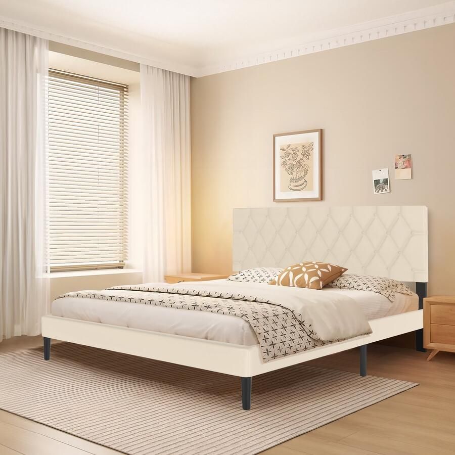 UISBERT Bedframe Met Leren Hoofdeinde Beige 160×200 cm Platformbed Met Houten Lattenbodem Bedframe Voor Slaapkamer Gastenkamer Minimalistisch Tweepersoonsbed