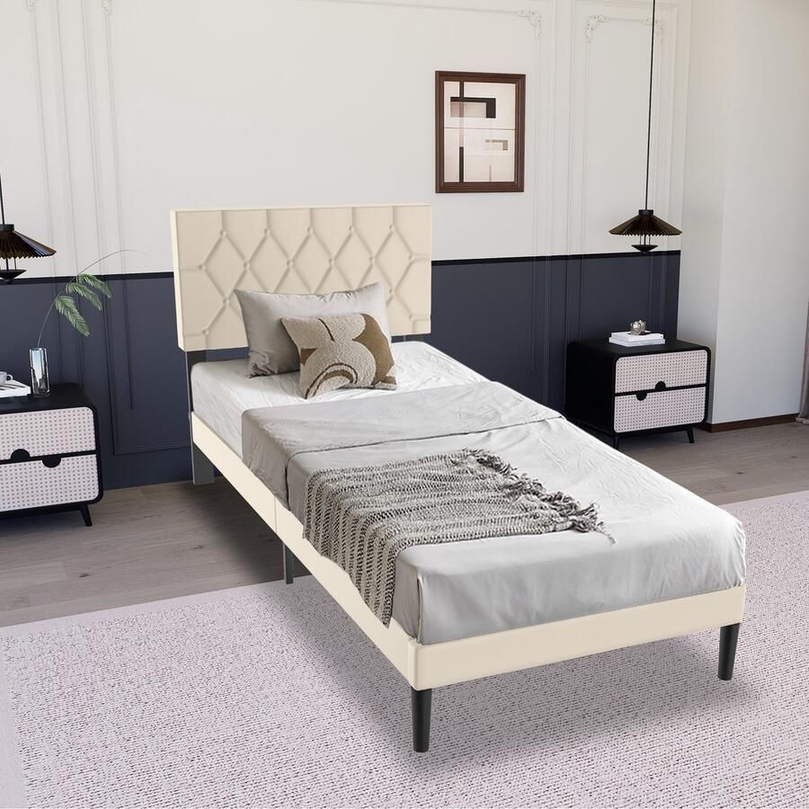 UISBERT Bedframe Met Leren Hoofdeinde Beige 90×200 cm Platformbed Met Houten Lattenbodem Bedframe Voor Slaapkamer Gastenkamer Minimalistisch Tweepersoonsbed