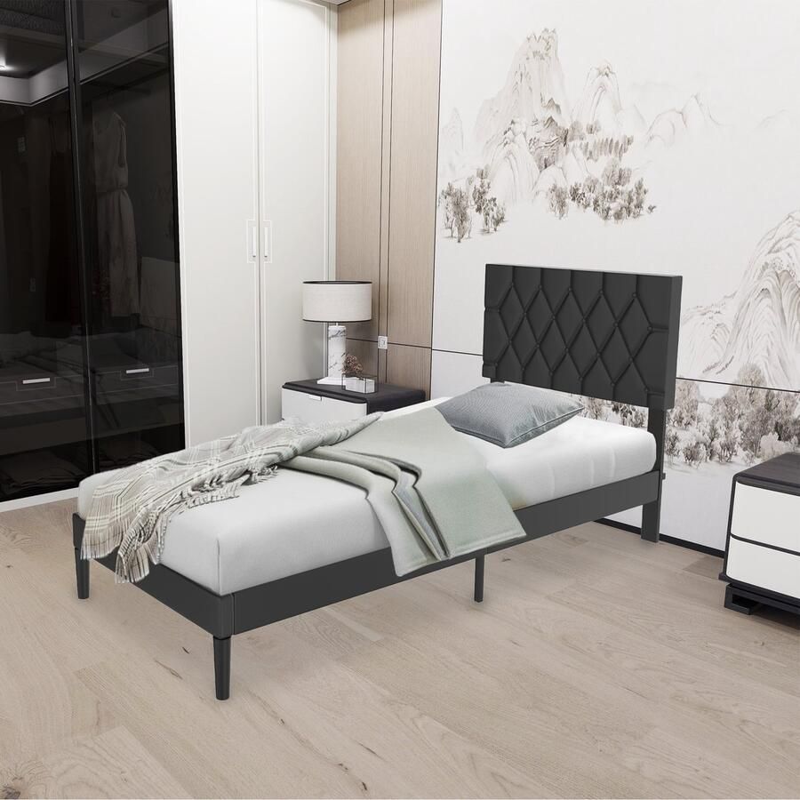 UISBERT Bedframe Met Leren Hoofdeinde Zwart 90×200 cm Platformbed Met Houten Lattenbodem Bedframe Voor Slaapkamer Gastenkamer Minimalistisch Tweepersoonsbed