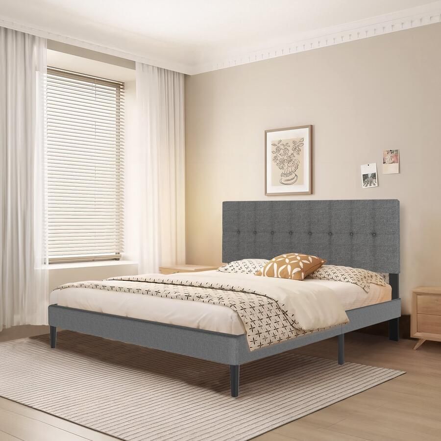 UISBERT Bedframe Met Linnen Hoofdeinde 140x200 cm Donkergrijs Houten Lattenbodem Eenvoudig Te Monteren Minimalistisch Tweepersoonsbed Eigentijds Ontwerp