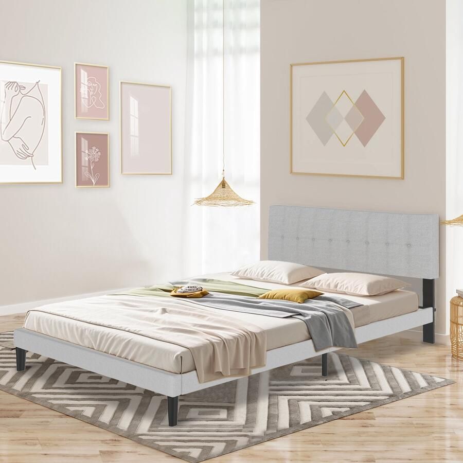 UISBERT Bedframe Met Linnen Hoofdeinde 140x200 cm Lichtgrijs Houten Lattenbodem Eenvoudig Te Monteren Minimalistisch Tweepersoonsbed Eigentijds Ontwerp