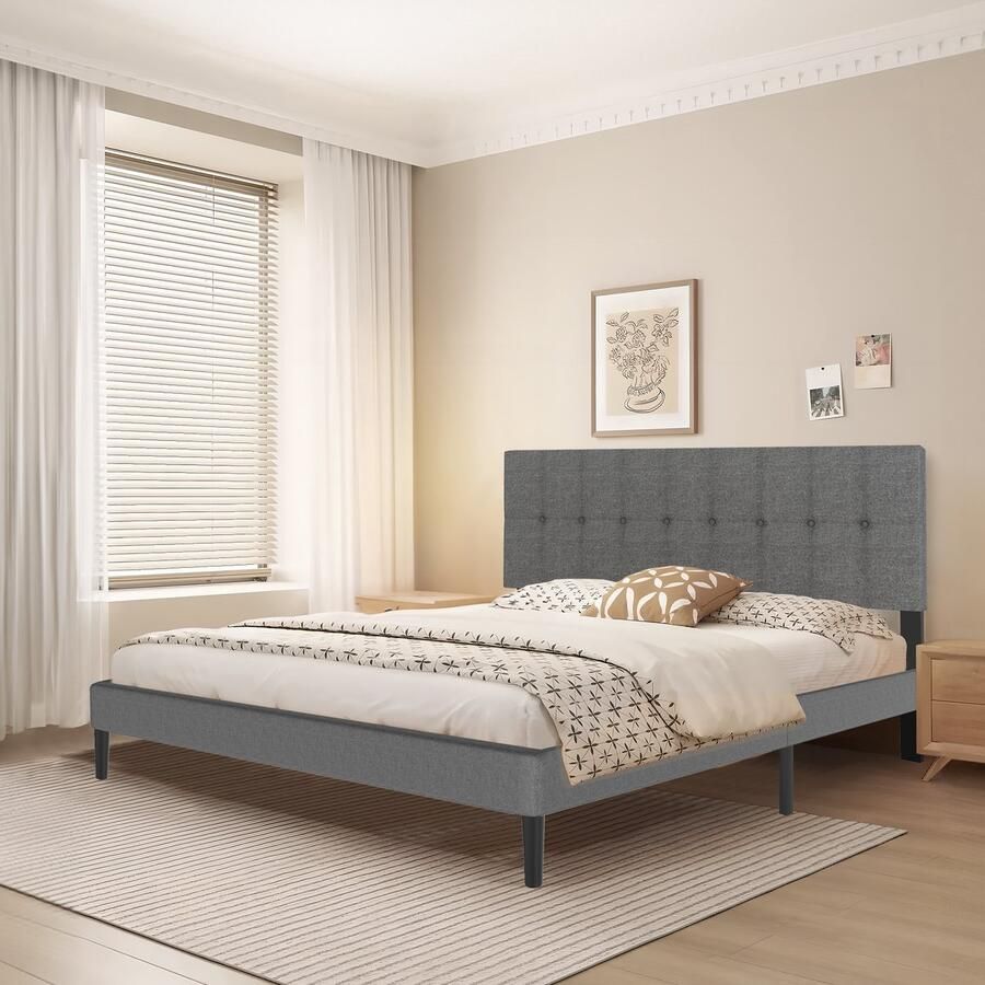 UISBERT Bedframe Met Linnen Hoofdeinde 160x200 cm Donkergrijs Houten Lattenbodem Eenvoudig Te Monteren Minimalistisch Tweepersoonsbed Eigentijds Ontwerp