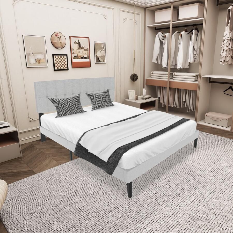 UISBERT Bedframe Met Linnen Hoofdeinde 160x200 cm Lichtgrijs Houten Lattenbodem Eenvoudig Te Monteren Minimalistisch Tweepersoonsbed Eigentijds Ontwerp