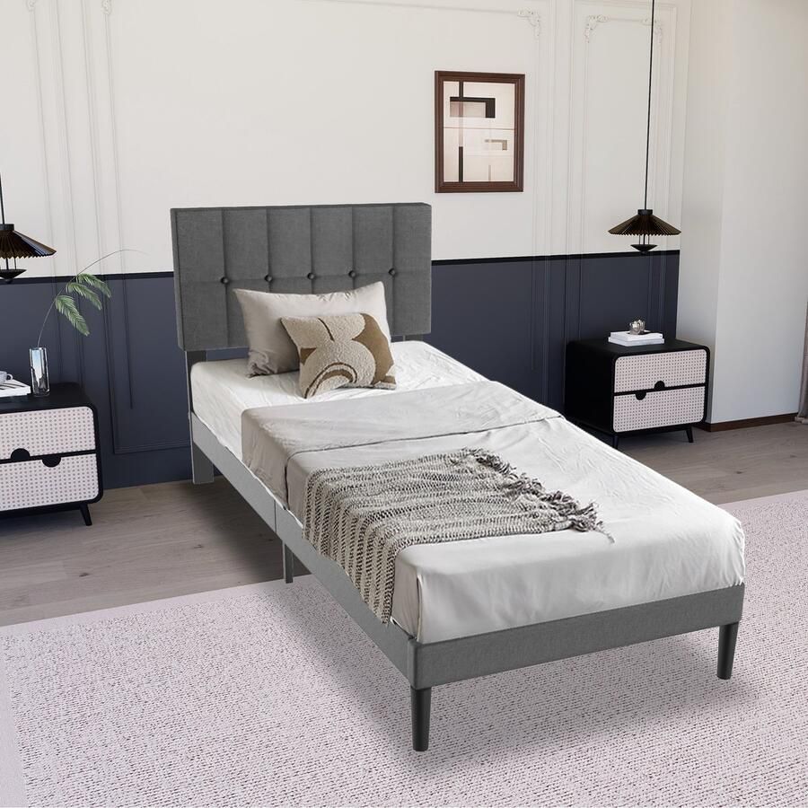 UISBERT Bedframe Met Linnen Hoofdeinde 90x200 cm Donkergrijs Houten Lattenbodem Eenvoudig Te Monteren Minimalistisch Tweepersoonsbed Eigentijds Ontwerp