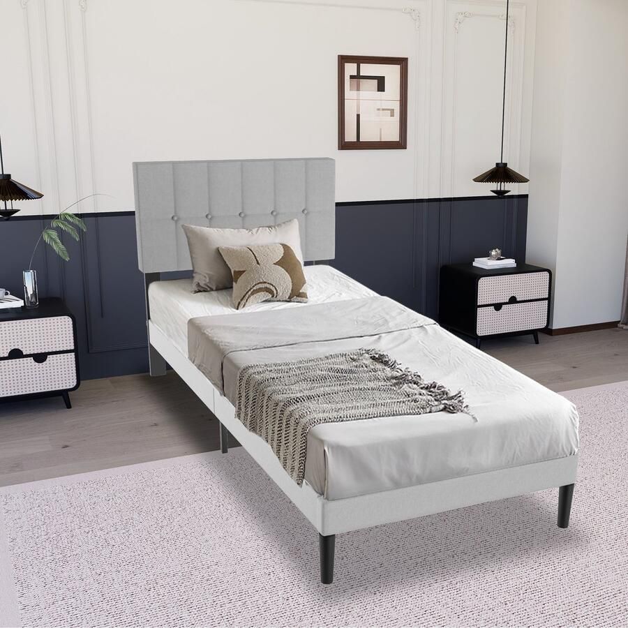 UISBERT Bedframe Met Linnen Hoofdeinde 90x200 cm Lichtgrijs Houten Lattenbodem Eenvoudig Te Monteren Minimalistisch Tweepersoonsbed Eigentijds Ontwerp