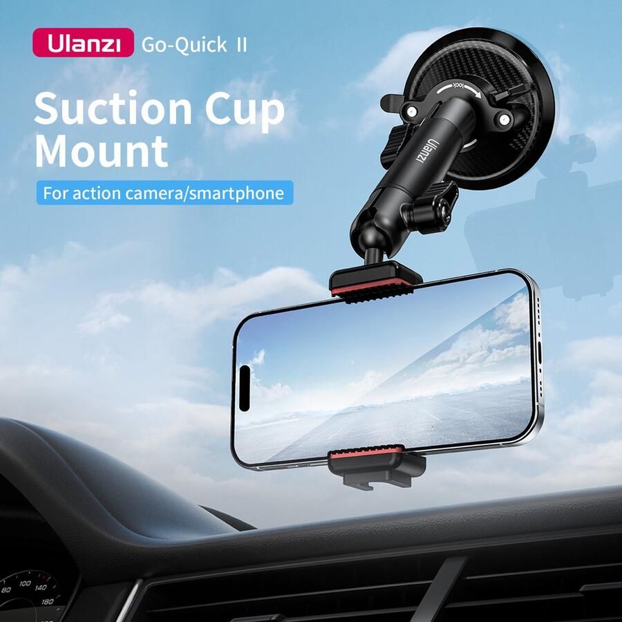 Ulanzi ZJ01 Go-Quick II Uitschuifbare Suction Cup Mount Met Vacuümpomp en Go-Quick II Systeem Dubbele 360° Kogelkop Aluminium & Kunststof Zwart