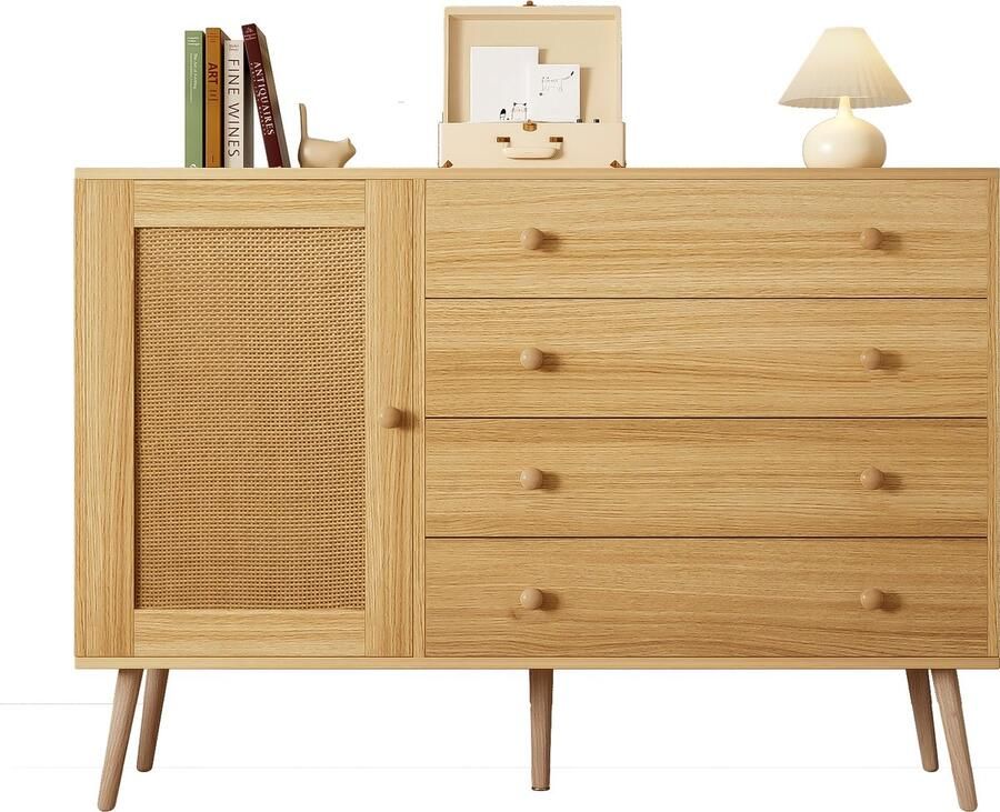 Merax Houten Dressoir 120 cm – Opbergkast met 4 Lades en 1 Deur – Kast met Rattanlook en Houten Poten Bruin