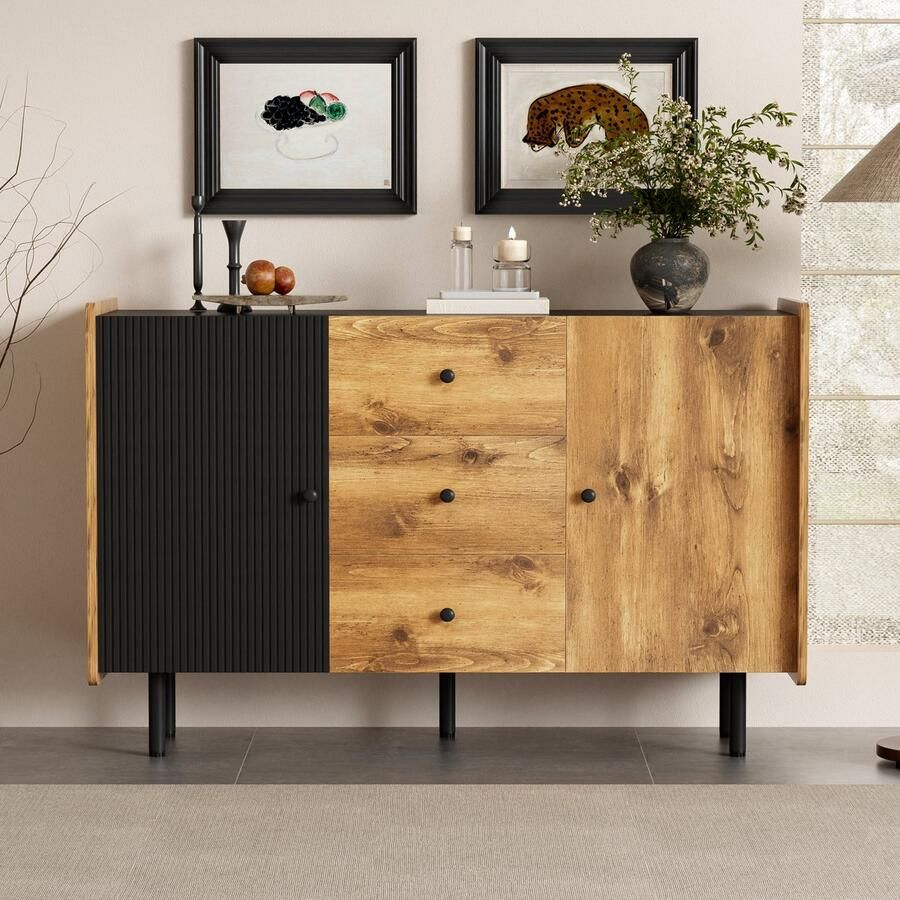 Ulife 120 cm zwart en houtkleurig dressoir – moderne stijl twee deuren en drie lades