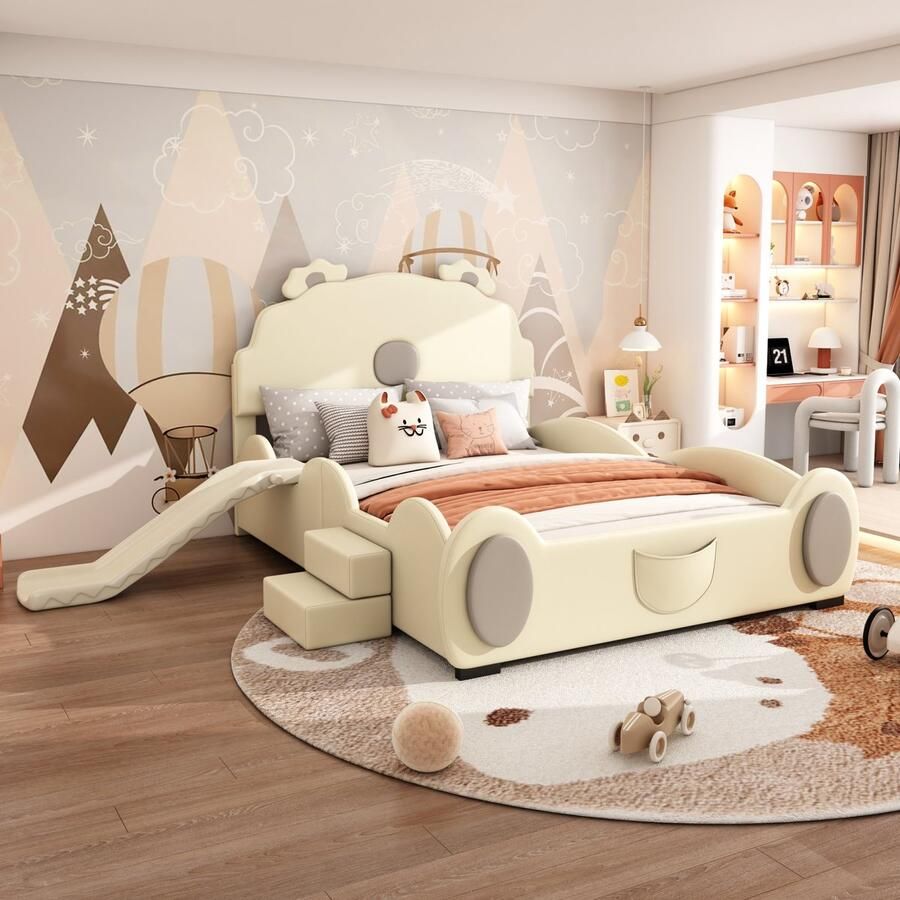 Ulife 140*200 cm Cartoon bed kinderbed berenbed voorzien van glijbaan en ladder PU-materiaal gemakkelijk schoon te maken schattige vorm beige