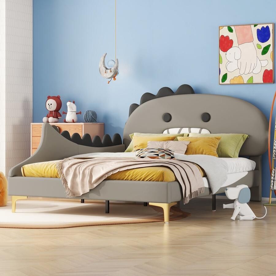 Ulife 140*200 cm kinderbed cartoon dinosaurusvorm vlak bed PU-materiaal grijs 140*200 cm kinderbed cartoon dinosaurusvorm vlak bed PU-materiaal grijs