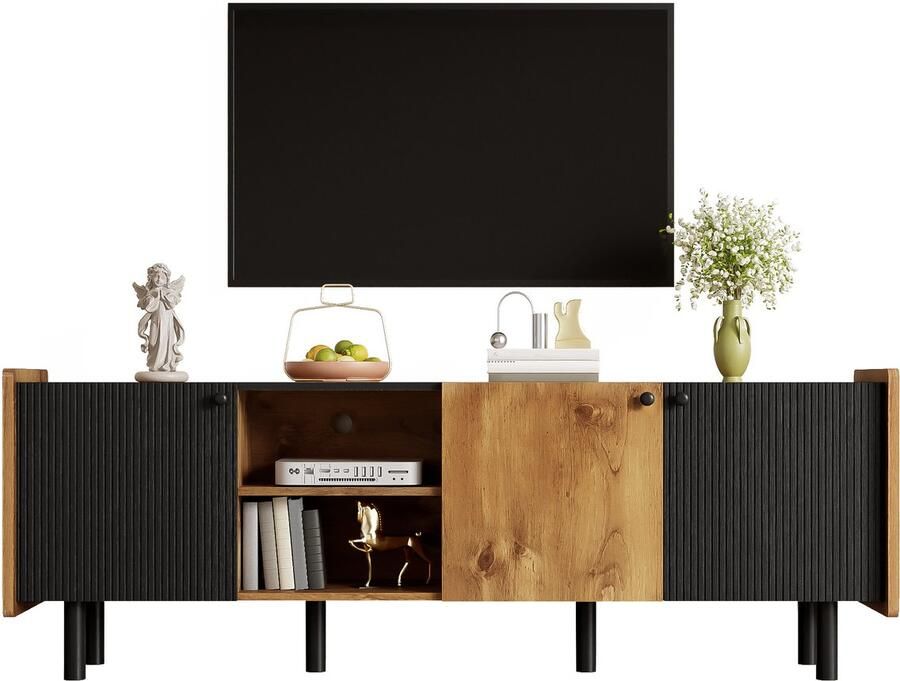 Ulife 160 cm zwarte en houtkleurige tv-kast – moderne stijl met drie deuren en twee open vakken