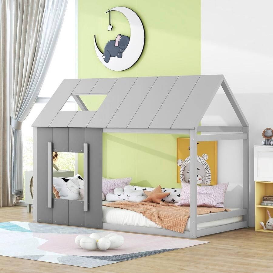 SONNENH Kinderbed 90 x 200 Eenpersoonswoning Flatbed met dak en raam Donkergrijs + Lichtgrijs (ETA:12 8)