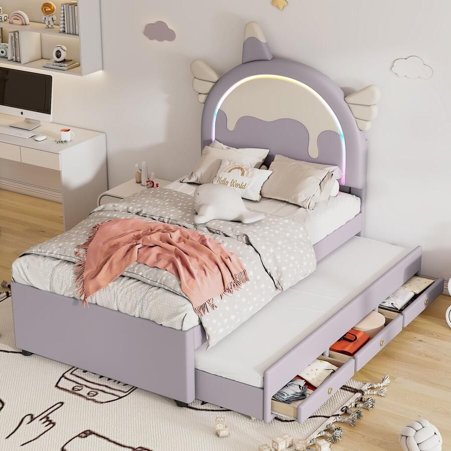 SONNENH Kinderbed 90*200 cm Cartoon Unicorndesign Uitklapbaar Rolbed PU-materiaal Paars