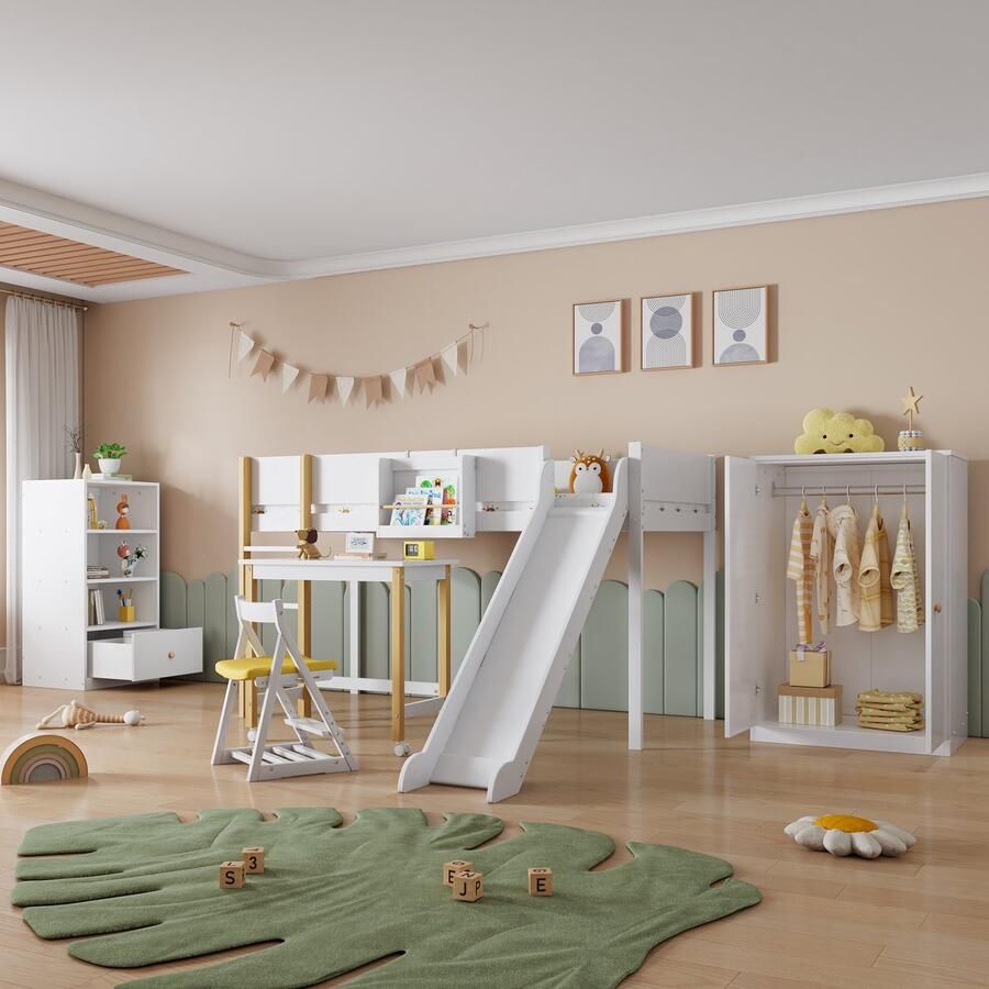 Ulife Complete slaapkamerset 3-delig. Hoogslaper + kledingkast + boekenrek stapelbed met glijbaan en tafel kledingkast en boekenrekken met meerdere opbergruimtes grenen + MDF wit + naturel