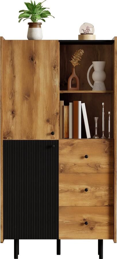 Merax Hoge Kast 160 cm Hoog Dressoir met 2 Deuren 3 Lades en Open Vakken Opbergkast in Zwart met Hout Bruin Moderne Buffetkast