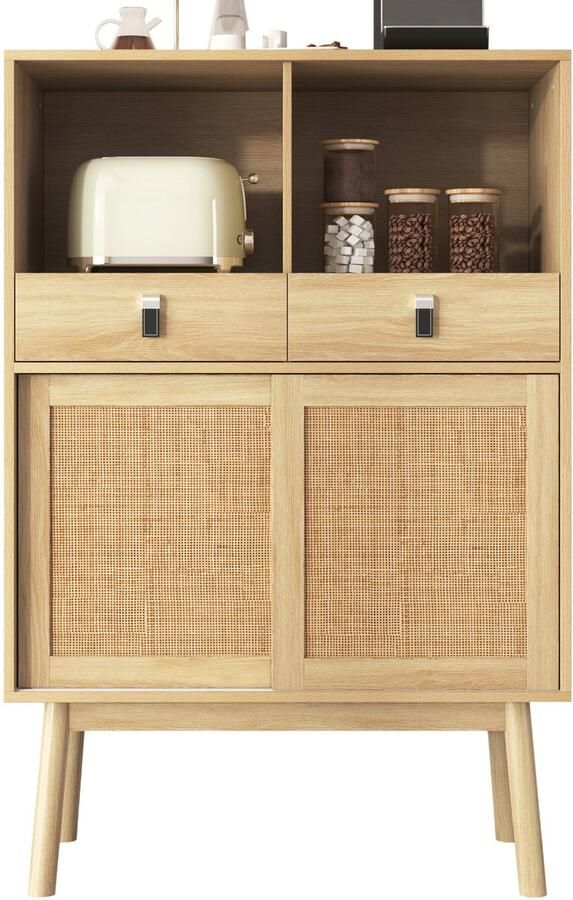 Ulife Dressoir 80 x 39 5 x 120 cm deuren met echt rotan vlechtwerk twee lades twee deuren en twee open vakken 28 cm hoge tafelpoten - Foto 2