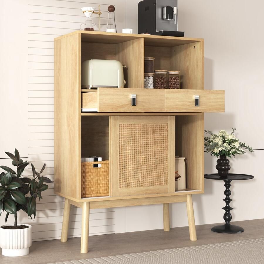 Ulife Dressoir 80 x 39 5 x 120 cm deuren met echt rotan vlechtwerk twee lades twee deuren en twee open vakken 28 cm hoge tafelpoten