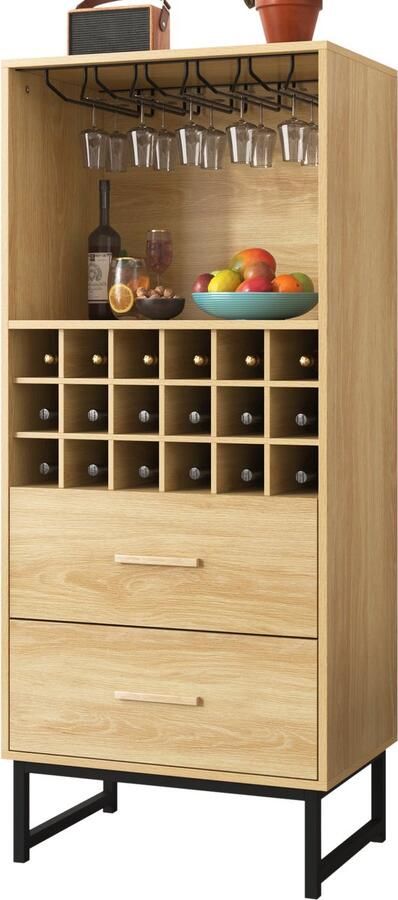 Ulife Dressoir stijlvolle wijnkast met twee lades 18 vakken en glazenhouder – matzwarte metalen poten – perfect voor wijnliefhebbers - Foto 2