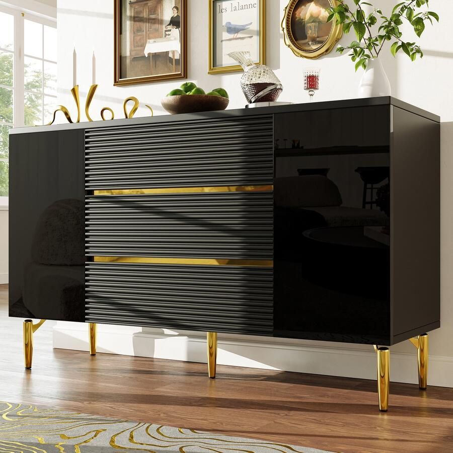 Ulife Ladekast Zwarte eetkamerkast Eenvoudig en modern Geschikt voor slaapkamer woonkamer eetkamer Geruit lade deurontwerp Glanzend gouden ornament Drie-laags lade