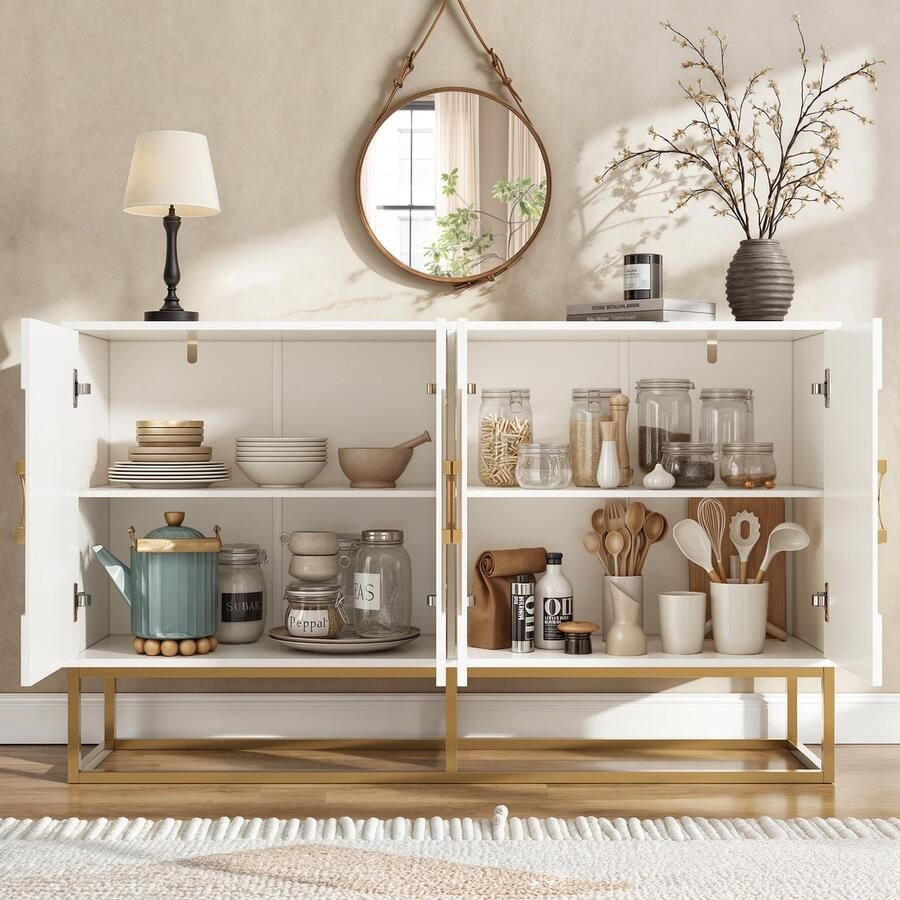 Ulife Eetkamerkast (140×40×83cm) eetkamer-woonkamer opbergkast uniek ontwerp kastdeur ontwerp vrijstaande kast minimalistisch dressoir ronde trekring kastdeur wit