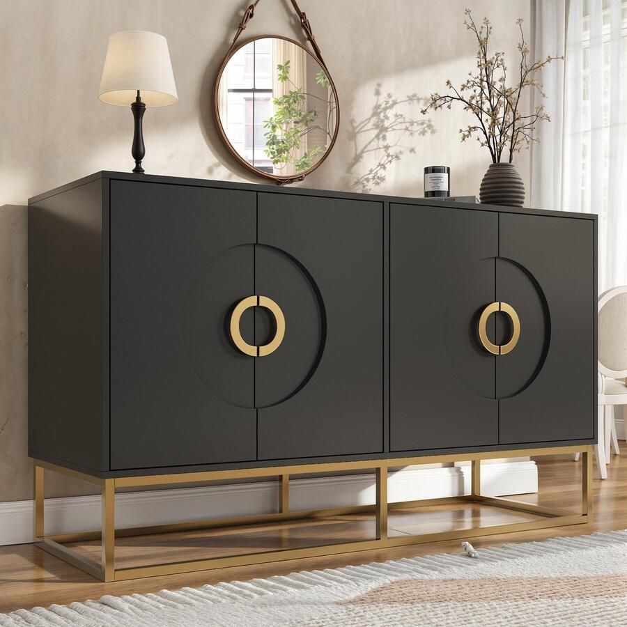 Ulife Eetkamerkast (140×40×83cm) eetkamer-woonkamer opbergkast uniek ontwerp kastdeur ontwerp vrijstaande kast minimalistisch dressoir ronde trekring kastdeur zwart