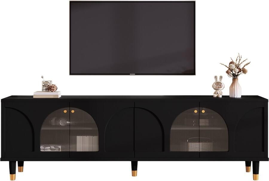 Ulife Elegante zwarte tv-kast met gebogen geribbelde glazen deuren 4 deuren – 173 x 38 x 59 cm – Modern design