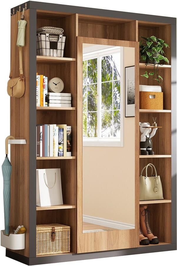 Ulife Garderoberek met spiegel multifunctionele garderobe en vitrine boekenkastcombinatie met afdruiprek haken en kleerhangers - Foto 2