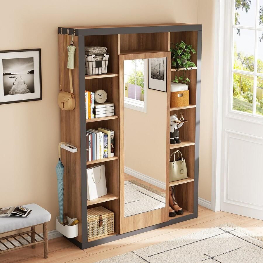 Ulife Garderoberek met spiegel multifunctionele garderobe en vitrine boekenkastcombinatie met afdruiprek haken en kleerhangers