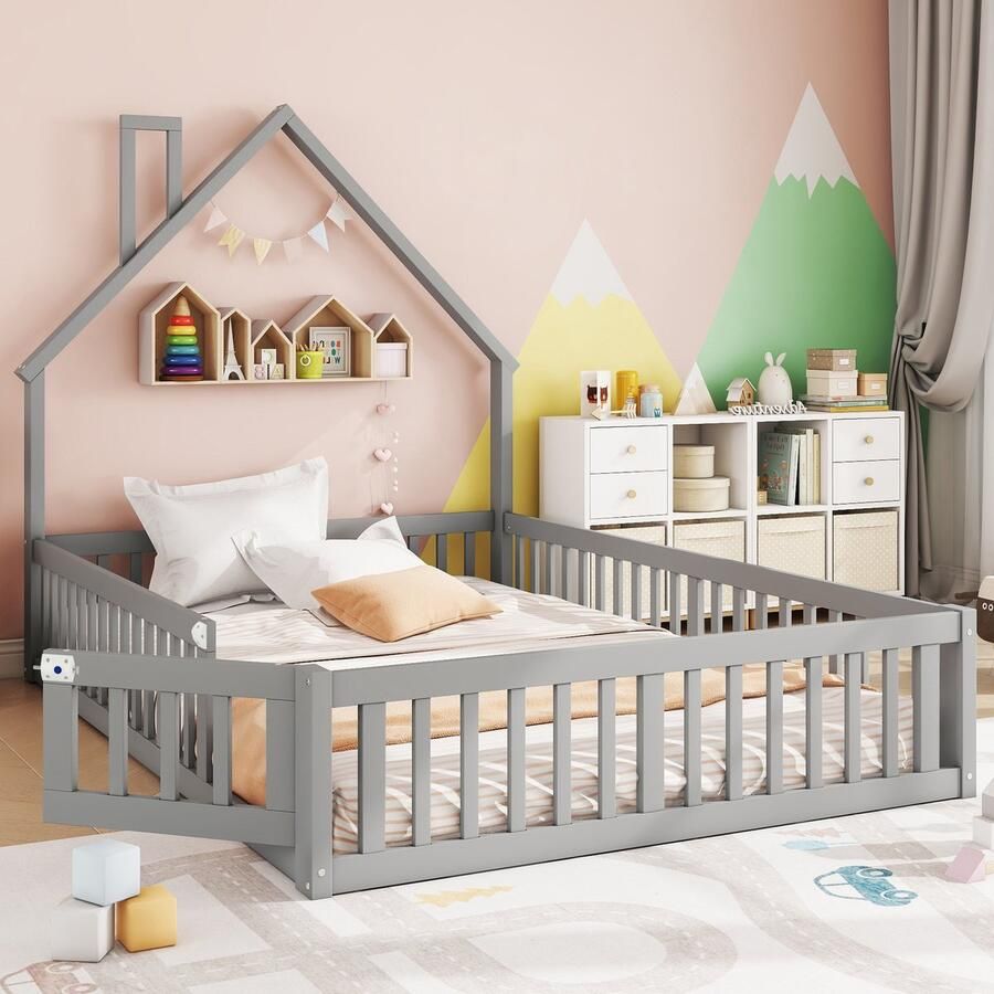 Gestoffeerd bed 140 x 190 cm kinderbed met schoorsteenvorm bed met lattenbodem (zonder matras) grenenhout Minimalistische stijl grijs