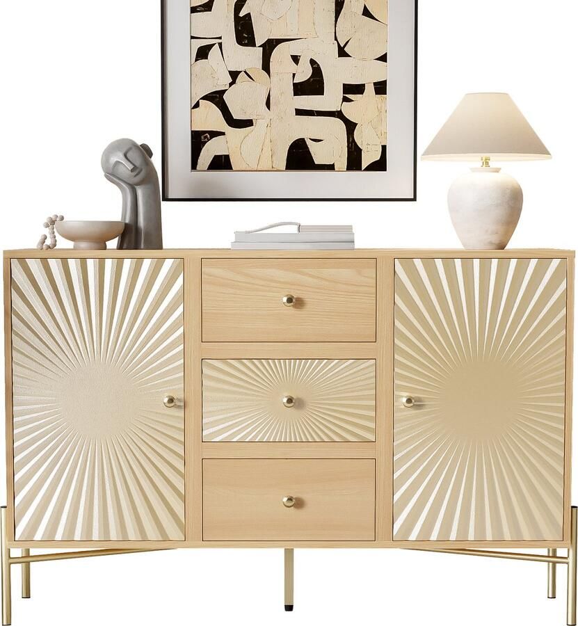 Ulife Hoge kast dressoir lengte 123 5 cm kast met 2 deuren 3 lades en uniek zonnestraalontwerp