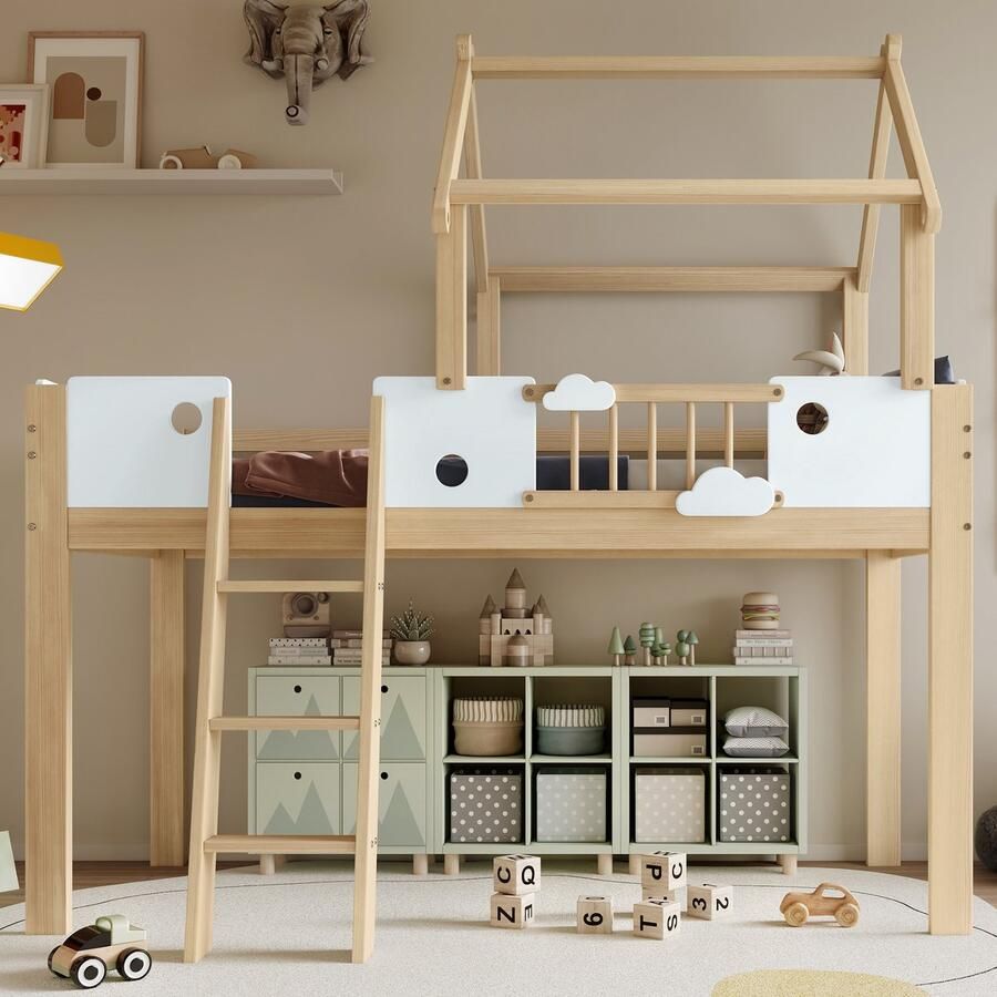 Ulife Hoogslaper kinderbed met valbeveiliging en spijlen uniek dakontwerp met drie treden ladder frame van grenenhout+MDF+multiplex wit+naturel 90x200cm