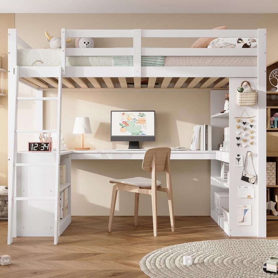 Ulife Hoogslaper kinderbed praktische opbergplank veiligheidsreling vilten doek om spullen aan op te hangen stabiele schuine ladder grenen + spaanplaat + multiplex wit 90x200cm