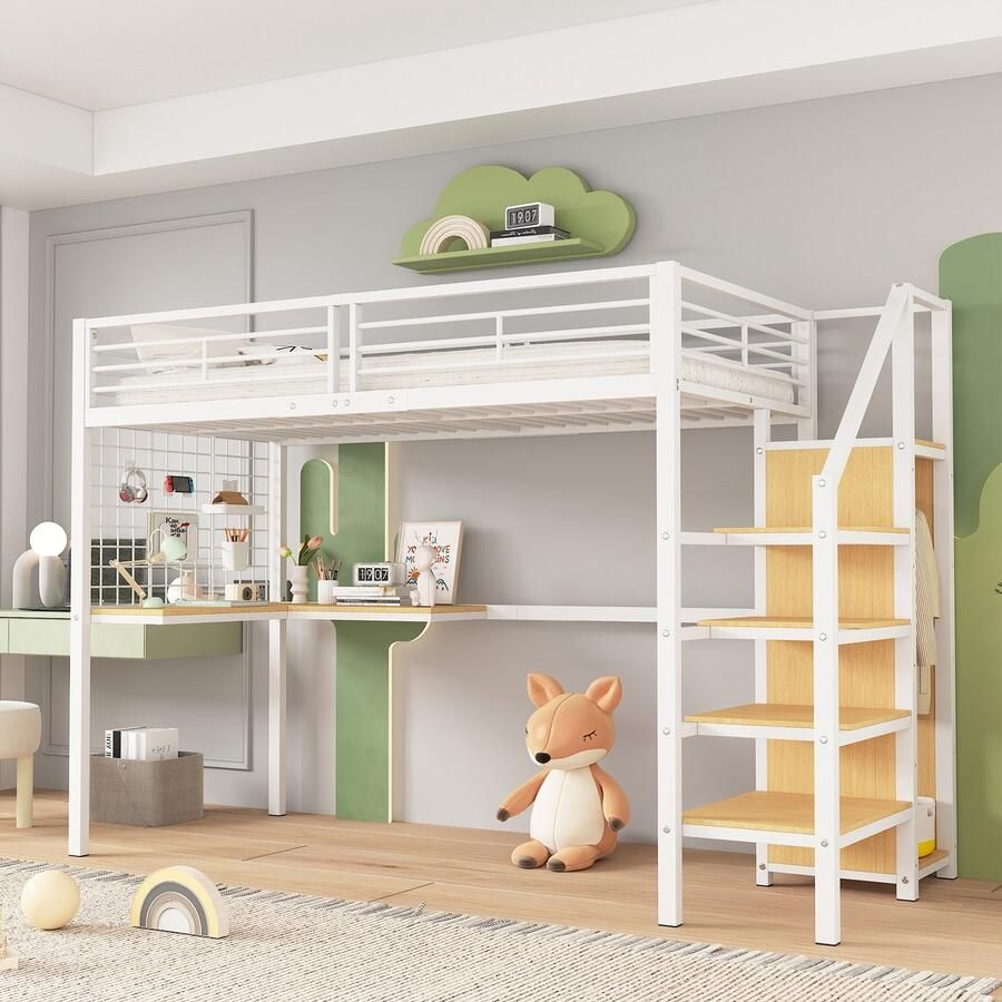 Merax Hoogslaper 90x200 Wit Naturel – Kinderbed met Bureau Kast en Trap – Metalen Bedframe en Houten Elementen – Ruimtebesparend Jeugdbed