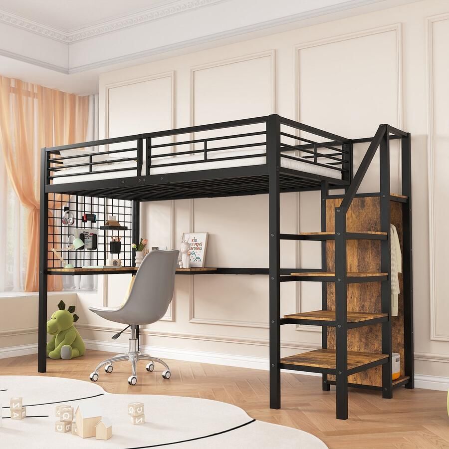 Ulife IJzeren bed stapelbed hoogslaper geschikt voor kinderen en tieners met tafel en kledingkast zijladder met leuning ijzer + spaanplaat zwart + donkere houtkleur 90x200cm