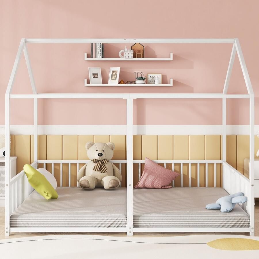 Ulife Metalen bed kinderbed 90*200 cm zonder matras leuning ladder huisvormig tweepersoonsbedontwerp tweepersoonsbed ijzeren frame wit