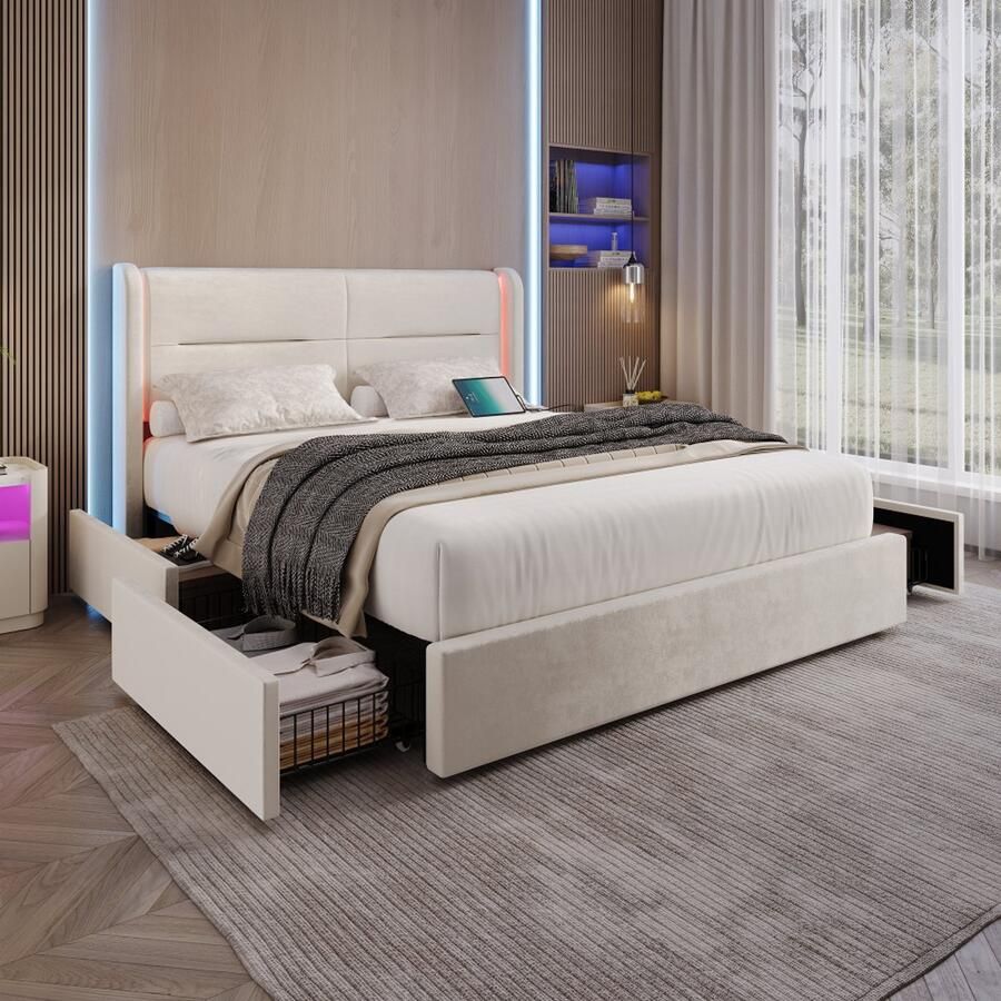 Ulife Modern 140x200 cm Velvet Tweepersoonsbed met LED Hoofdbord 4 Opberglades USB-Poorten Dikke Gestoffeerde Bedframe Metalen Frame Slaapkamer Meubel Hedendaags Design Luxe Bedvleugels Beige