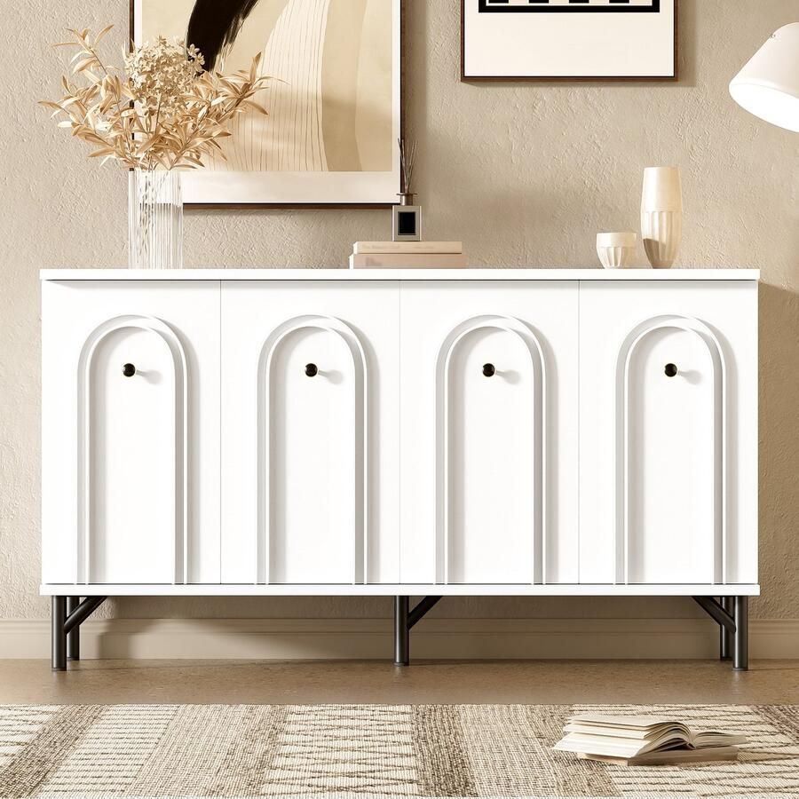 Ulife Moderne 4-deurs dressoir – wit 140 cm – stijlvol design 3D-gebogen front verstelbare legplanken – veelzijdige opbergruimte voor woonkamer eetkamer en gang