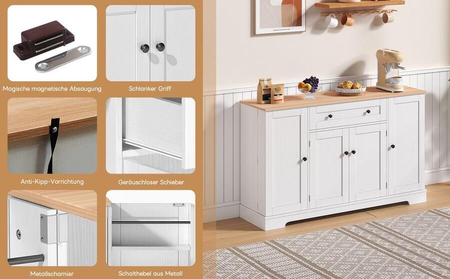 Ulife Moderne keukenbuffet met veel functies 138 cm breed sideboard met schuurlade rekdeuren en verstelbare inlegplaten Contemporain design met anti-kantellingsfunctie ideaal voor keuken woonkamer en slaapkamer