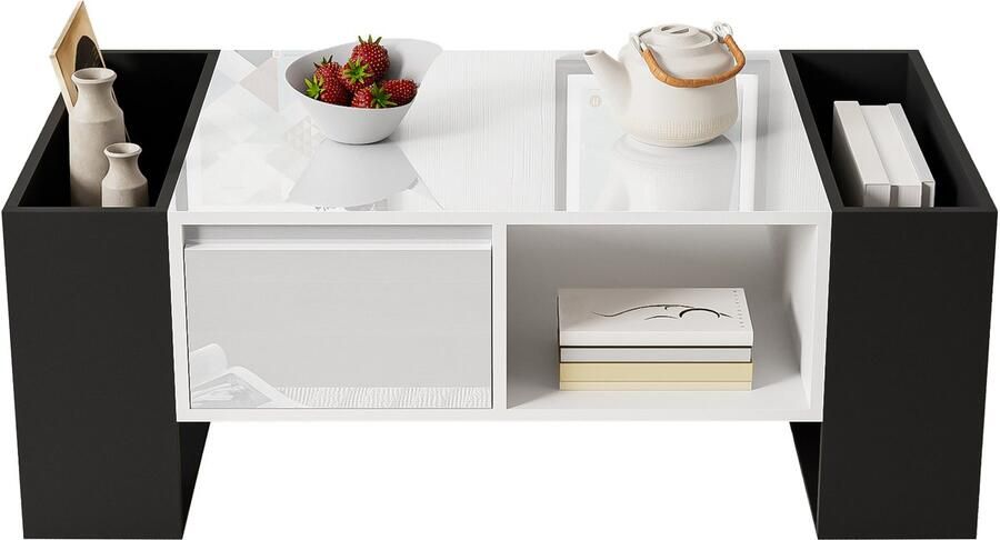 Ulife Moderne salontafel 105 x 60 x 40 5 cm – zwart-wit design met hoogglans afwerking lade en 4 open vakken - Foto 2