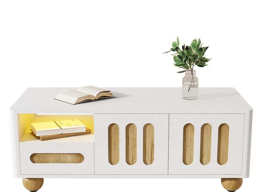 Ulife Moderne salontafel 105x50x40 cm wit en houtlook met 4 deuren 2 lades en open vak ledverlichting – afgeronde hoeken bolvormige tafelpoten veelzijdige opbergruimte - Foto 2
