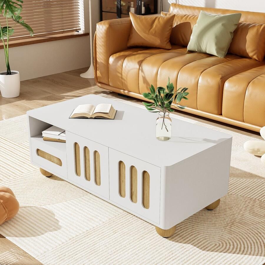 Ulife Moderne salontafel 105x50x40 cm wit en houtlook met 4 deuren 2 lades en open vak ledverlichting – afgeronde hoeken bolvormige tafelpoten veelzijdige opbergruimte