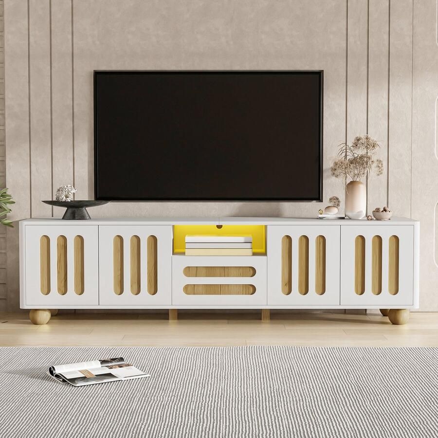 Ulife Moderne tv-kast 180x40x47 cm Wit en houtlook met 4 deuren 1 lade en led-verlichting – Afgeronde hoeken bolvormige poten veelzijdige opbergruimte