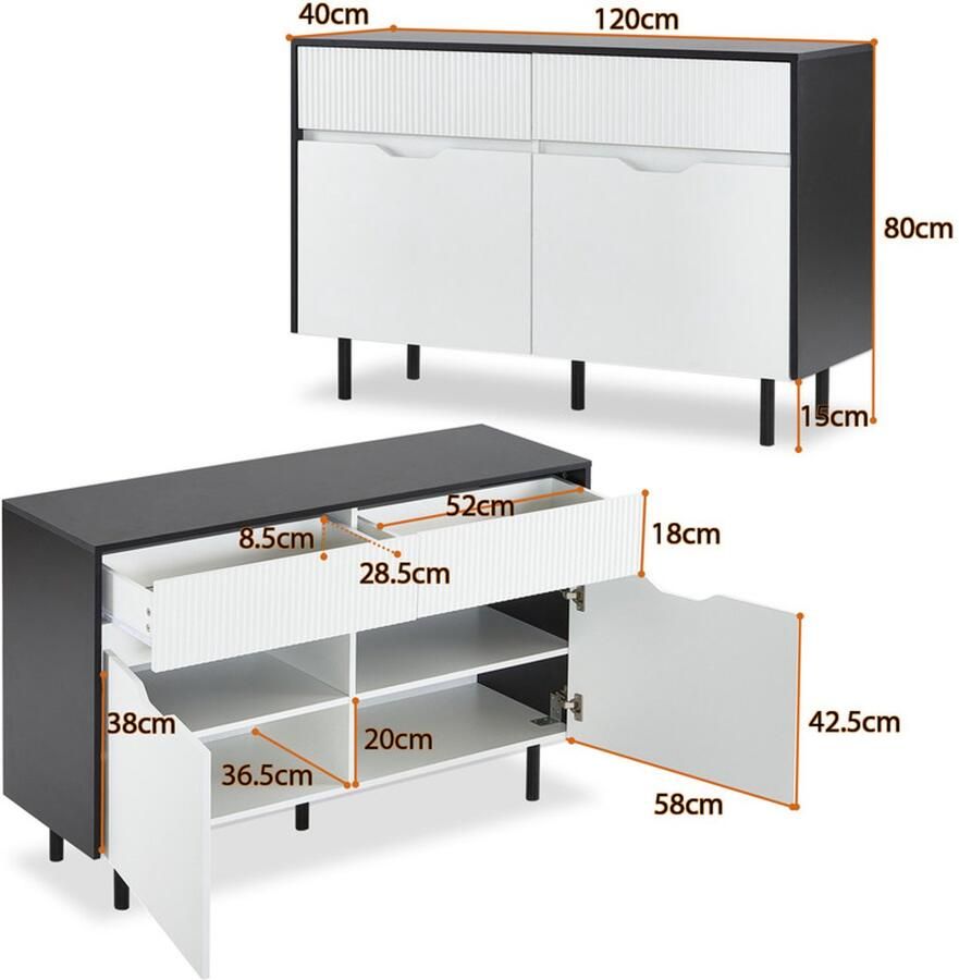 Ulife Opbergkast 120 cm met geribde schuurladen zwart-wit design instelbare inlegborden 2 deuren Sideboard-buffet Kast-organisator geschikt voor Keuken Woonkamer Eetkamer